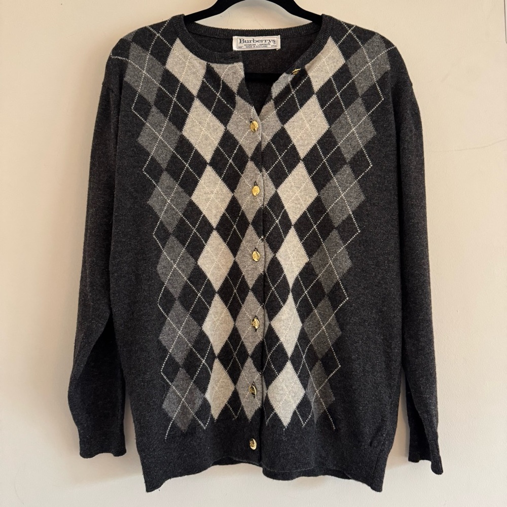 Vintage Burberrys Argyle Lambswool Cardigan Sweater with Gold Logo Buttons